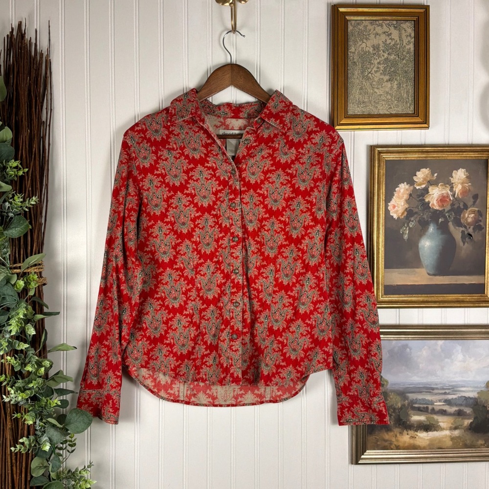 David Brooks Button Up Shirt Womens Medium Red Western Paisley Corduroy